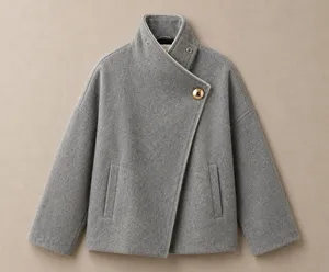 Zara Women Short Coat S Gray Asymmetric High Neck Gold Button Felted Jacket thumbnail 1