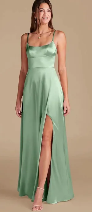 Azazie x Kendall Kylie Halsey green ALine Side Slit Metallic Satin Maxi Dress 6 thumbnail 1