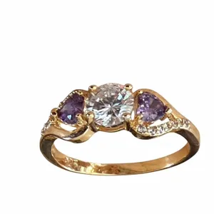 Gold Tone Cubic Zirconia Ring Heart Purple Stones thumbnail 10