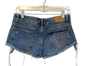 Zara Art is Easy Cut Off Distressed Denim Shorts Blue Pink Size 4 thumbnail 1