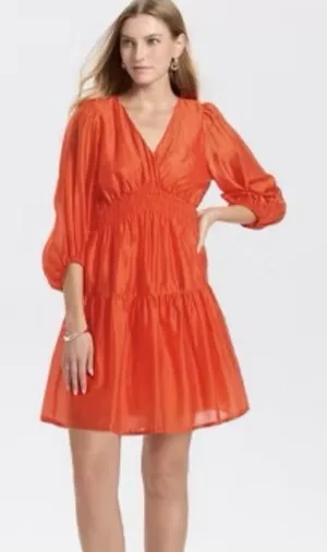 A‎ New Day NWT Balloon Long Sleeve Shirring Mini A-line Dress Orange-Red XS thumbnail 1