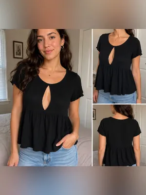 Kimchi Blue Size Medium Black Babydoll Top Short Sleeve Keyhole Front Blouse thumbnail 6