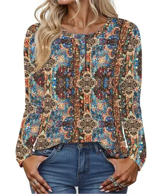 Boutique Women's Boho Paisley Long-Sleeve Blouse - Multicolor thumbnail 1