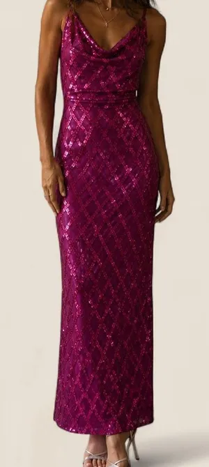 Maniju Fuchsia Pink Sequin Draped Cowl Neck Maxi Dress Size M thumbnail 1
