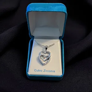 Vintage silver tone cubic zirconia double heart pendant necklace thumbnail 5