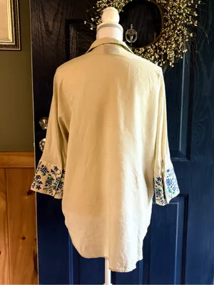 Tuckernuck Tan Floral Cuff Cotton Linen Willow Blouse size XS thumbnail 7