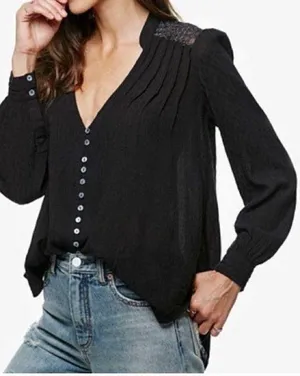 Free People Black Canyon Rose Hi-Lo Button Down Blouse Metallic Lace XS thumbnail 1