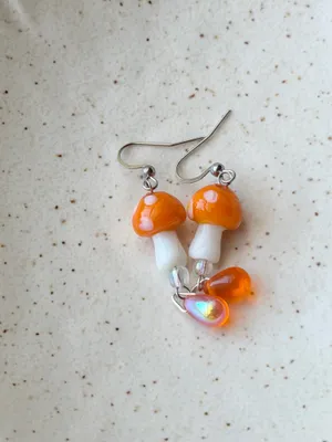 Handmade Kawaii y2k style funky bright orange mushroom hoop dangle earrings🍊🍄🧡 thumbnail 6