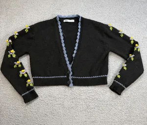 Zara Black Cropped Cardigan Small Floral Embroidered Cottagecore Sweater Womens thumbnail 1