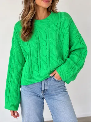 ASOS Neon Green Cable Knit Oversized Crewneck Sweater. Size 4 thumbnail 1