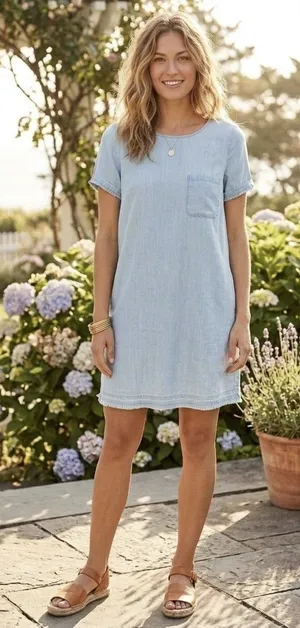Life in Progress Shift Dress Women Medium Chambray Raw Hem Beachy Light Wash thumbnail 1