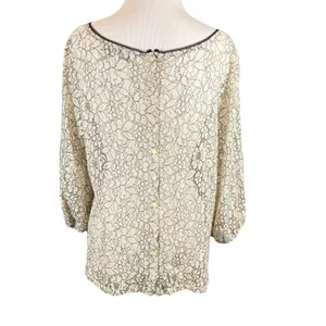 LOFT Cream Floral Lace Button Back‎ Blouse Romantic Feminine Top Large thumbnail 2