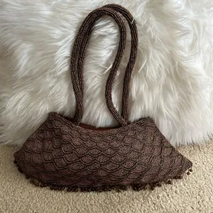 Vintage brown beaded fish scale triangle shape double handle satin handbag purse thumbnail 3