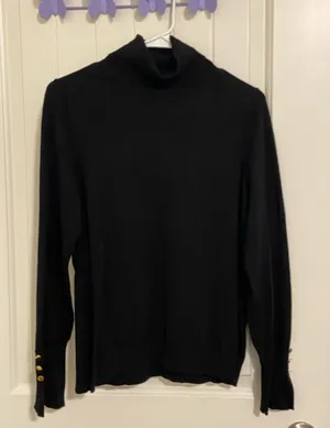 NWOT Premise women’s black thin soft‎ knit gold button turtleneck top large thumbnail 1