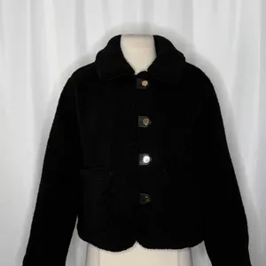 ZARA Black Sherpa Fuzzy Fleece Teddy‎ Coat Faux Shearling Snaps Pockets Small thumbnail 3