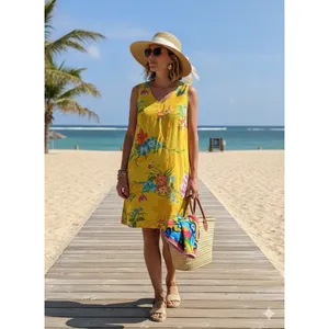Indian Tropical Fashion Yellow Floral Beaded Sequin Rayon Sundress V-Neck M thumbnail 15