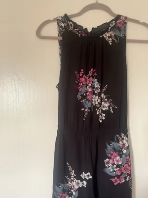 LOFT Black Floral Wide Leg Belted Jumpsuit XS thumbnail 3
