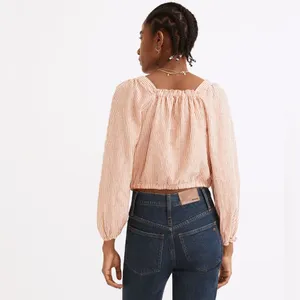 Madewell Puff-Sleeve Button-Front Crop Top in Embroidered Stripe XS thumbnail 2