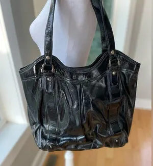 Vintage Y2K Liz Claiborne Black Patent Leather Pink Dot Shoulder Bag Purse thumbnail 1