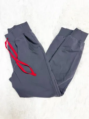 FIGS High Waisted Zamora Jogger Scrub Pants XS Gray Red Drawstring thumbnail 6