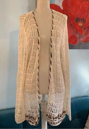 Katie Todd Weave Crochet Cardigan Boho Sz M Medium Cover Up White Ribbon Trim thumbnail 1