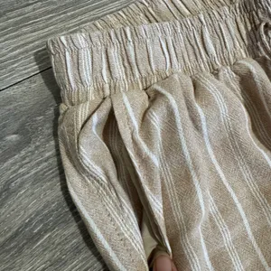 Briggs Womens Small Pants‎ Tan White Striped Wide Leg Linen Blend Elastic Waist thumbnail 9