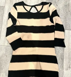 UK2LA‎ Women’s Black And Tan Striped Sweater Dress 3/4 Sleeves Round Neck Short thumbnail 1