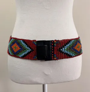 Vintage Seed Bead Geometric Diamond Wide Belt Red Stretch Wood Buckle 42in thumbnail 1
