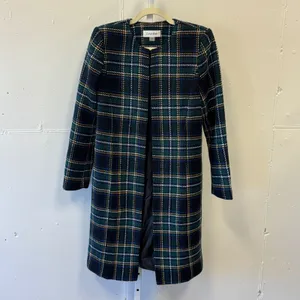 Calvin Klein Women's Wool Blend Plaid Collarless Car Coat Jacket Sz 2 Teal Navy‎ thumbnail 2