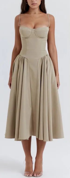 NEW House OF CB Samaria Corset Fit & Flare Midi Dress Taupe sz L thumbnail 1