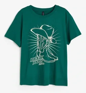 H&M western tee short sleeve tshirt cowboy boots hat green top thumbnail 1