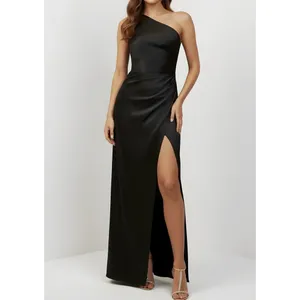 BHLDN Scottie One-Shoulder Side-Slit Stretch Satin Maxi Dress, Black, XS thumbnail 4