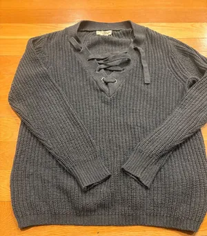 Women Lace-Up V-Neck Knit Sweater - Charcoal Gray thumbnail 1