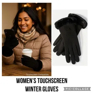 Women’s Black Thermal Winter Gloves Faux Fur Cuff Touchscreen Compatible thumbnail 2