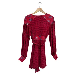Free People Red Floral Mini Dress Long Sleeve Button Down V-Neck Boho Small thumbnail 2