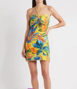Farm Rio yellow tropical bright nature linen halter dress thumbnail 4