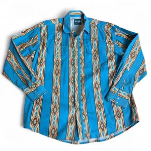 Wrangler Vintage Aztec Brushpopper Navajo Western Cowboy Shirt Turquoise Blue Pearl Snap Rodeo 90s Men XL - measurement in pics thumbnail 2