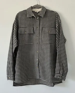 La Miel Tan Black Geometric Print Button Down Oversized Fall Shacket Jacket S thumbnail 1