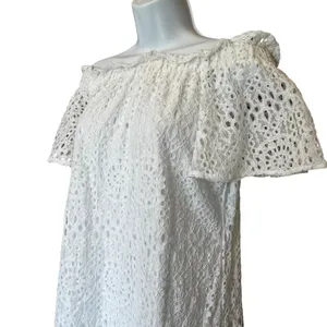 Eyelet Lace Off Shoulder Dress S Ruffle‎ Cottagecore Coastal Grandmother Boho thumbnail 2