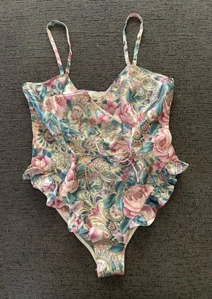Vintage Victorias Secret Floral Satin Ruffle Teddy Bodysuit Sz Medium‎ thumbnail 1