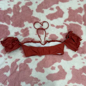Rust Red Puff Sleeve Bikini Top Size S | Padded Bra Cups | Ruffle Trim Swimwear thumbnail 2