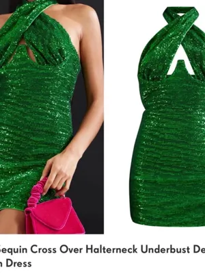 PrettyLittleThing Green Sequin Cross-Over Halterneck Mini Dress thumbnail 2