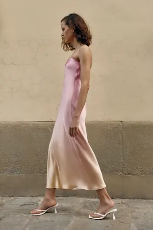 Zara midi dress maxi tie dye pink beige satin strapless wedding shower date thumbnail 7
