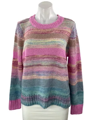 Ann Taylor LOFT Rainbow Spacedye Knit Striped Pastel Crew Neck Sweater Top Sz L thumbnail 1