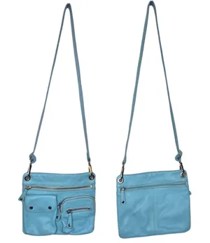 Fossil Light Blue Cowhide Leather Crossbody Bag Pockets Zipper Closure thumbnail 1