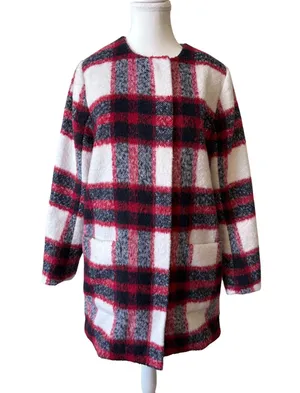 Abercrombie & Fitch Wool Blend Plaid Coat Jacket Red Black White Womens M Winter thumbnail 1