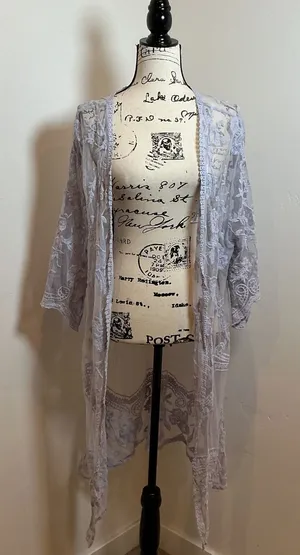 Romantic Cottagecore Mesh Lace Open Front Duster‎ Cardigan Gray thumbnail 1