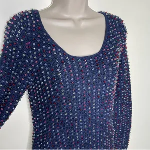 NWT DOEN Solandis Navy Beaded Crochet Long Sleeve Knit Mini Bodycon Dress sz M thumbnail 10