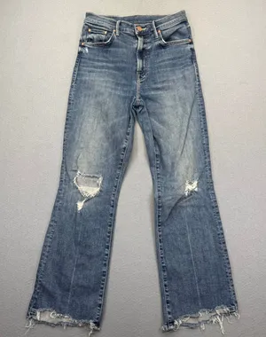 MOTHER The Insider Crop‎ Step Chew Jeans Dancing On Coals Blue Distressed 26 thumbnail 1