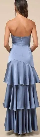 Lulus Blissfully Beautiful Slate Satin Strapless Tiered Maxi Dress Size XL Lined thumbnail 2